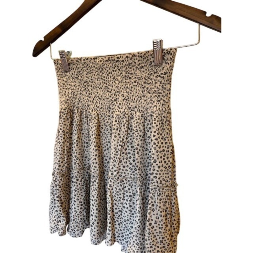 Hippie Rose Smocked Tiered Mini Skirt Tan Black Floral Boho Rayon Small
